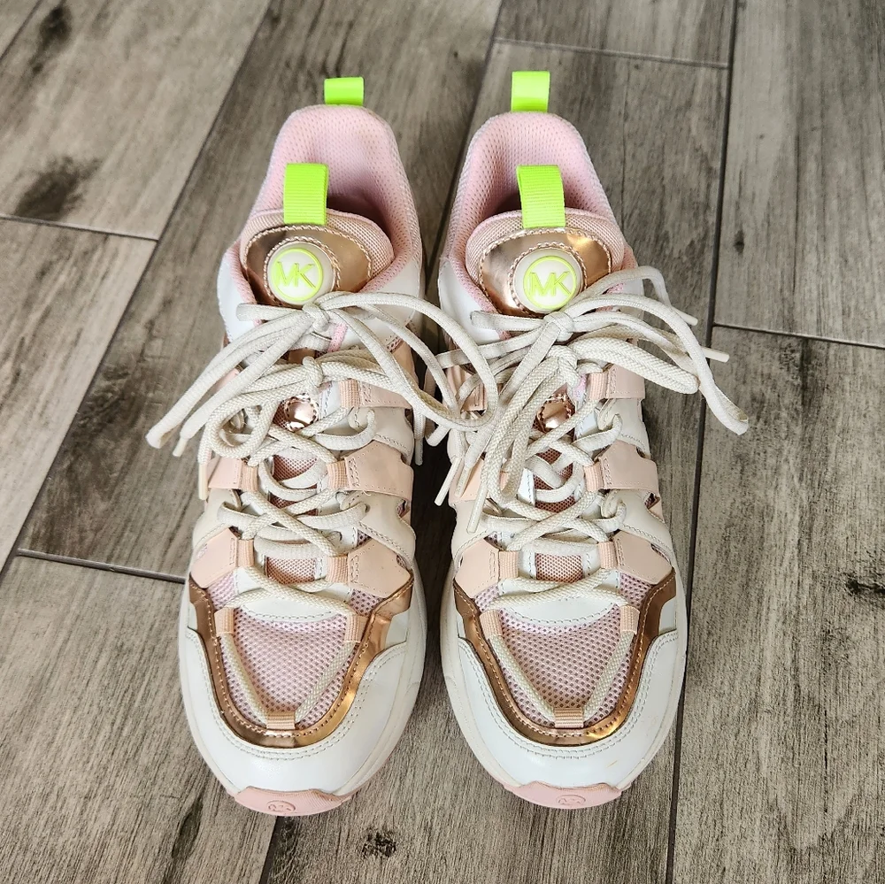 Michael Kors Hero Leather and Mesh Trainer Sneakers Tennis Shoe Cream Multi 8M